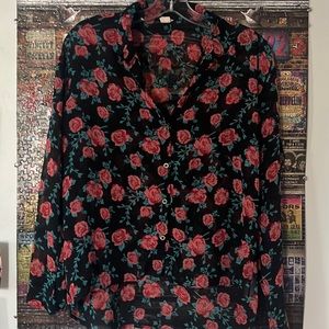 Black floral mesh button down